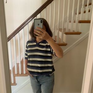 Linen Blend Blue Stripes Polo Knit T-Shirt Made in Italy size M